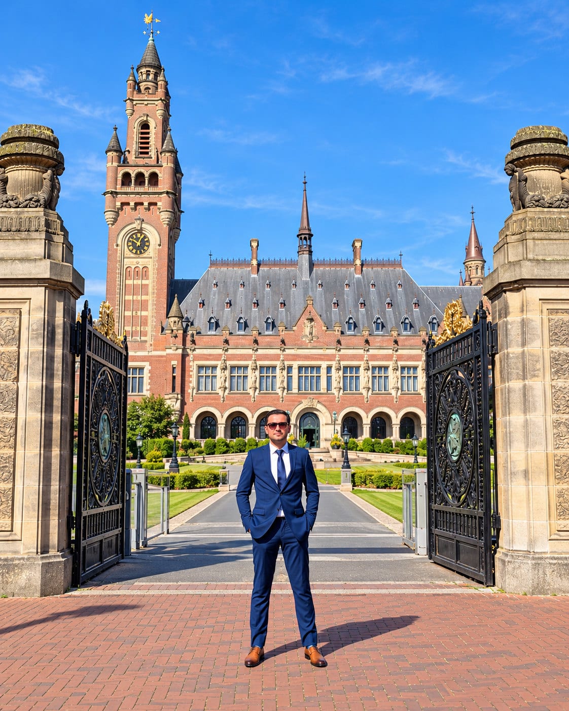 Ajlal C. Mazhar at the gates of the Peace Palace in The Hague, seat of the International Court of Justice.