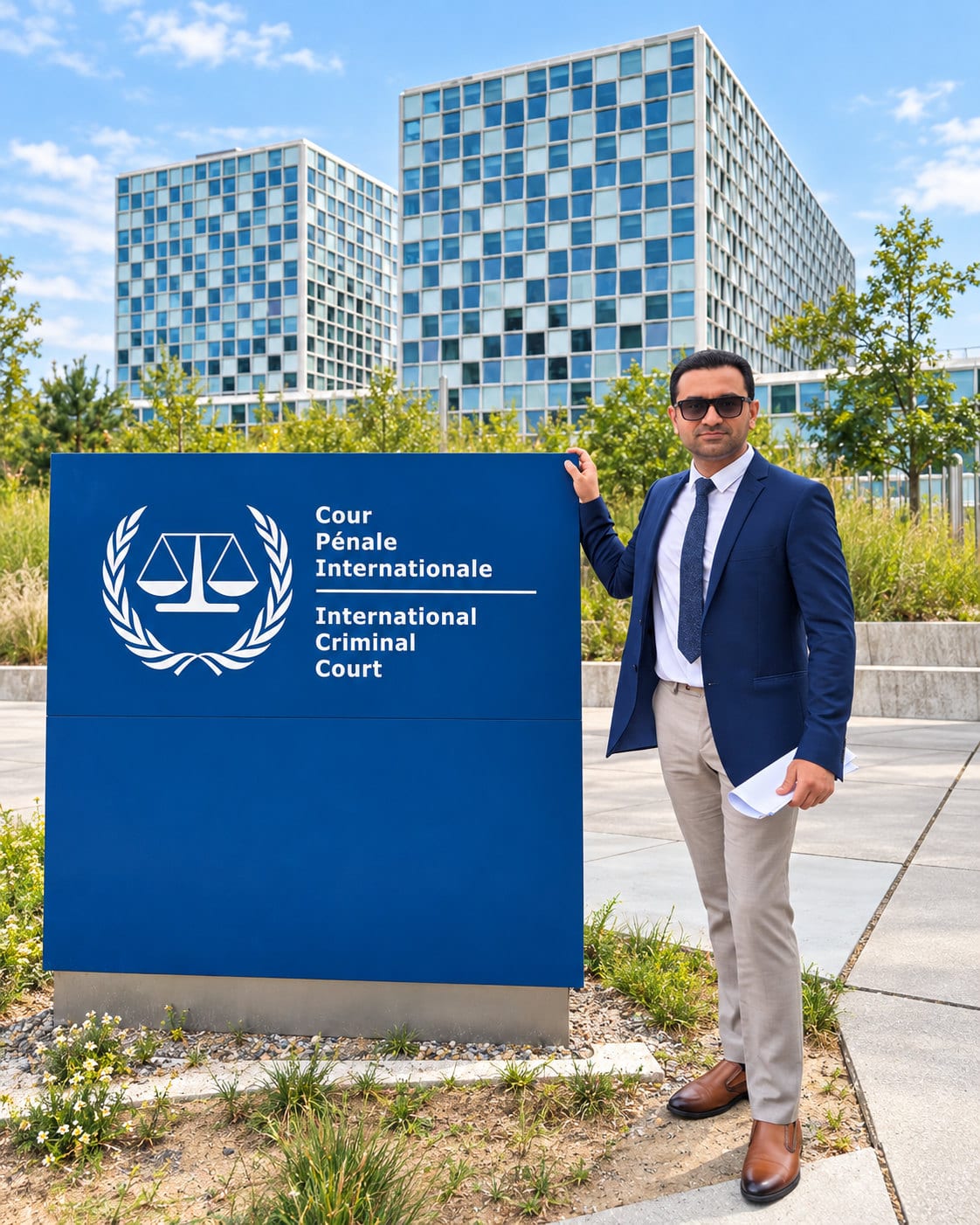 Ajlal C. Mazhar beside the International Criminal Court sign outside the Court’s building in The Hague.