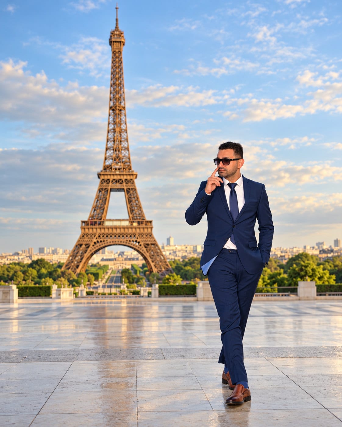 Ajlal C. Mazhar standing on a terrace in Paris, with the Eiffel Tower behind him.