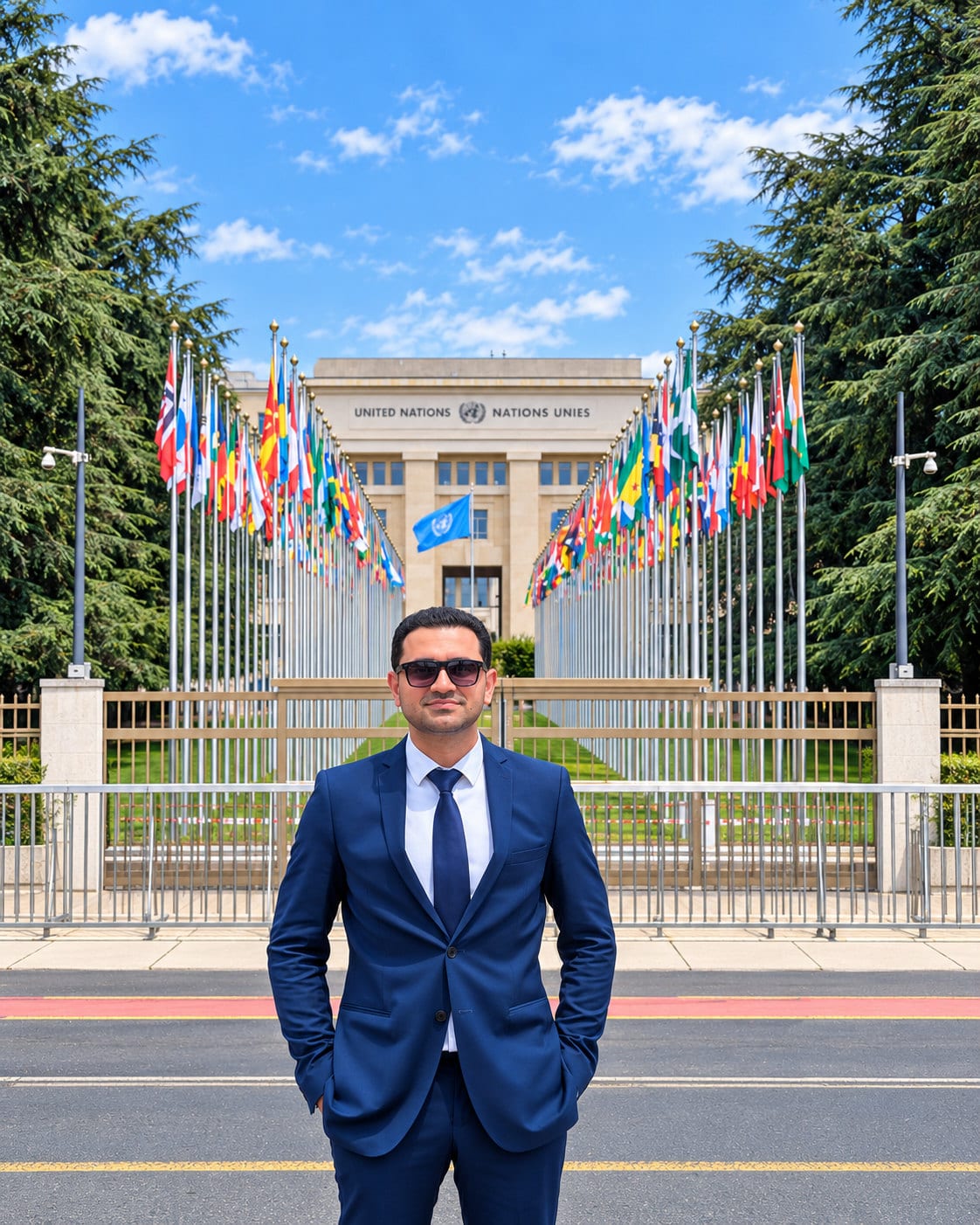 Ajlal C. Mazhar in front of the avenue of flags at the Palais des Nations, United Nations, Geneva.